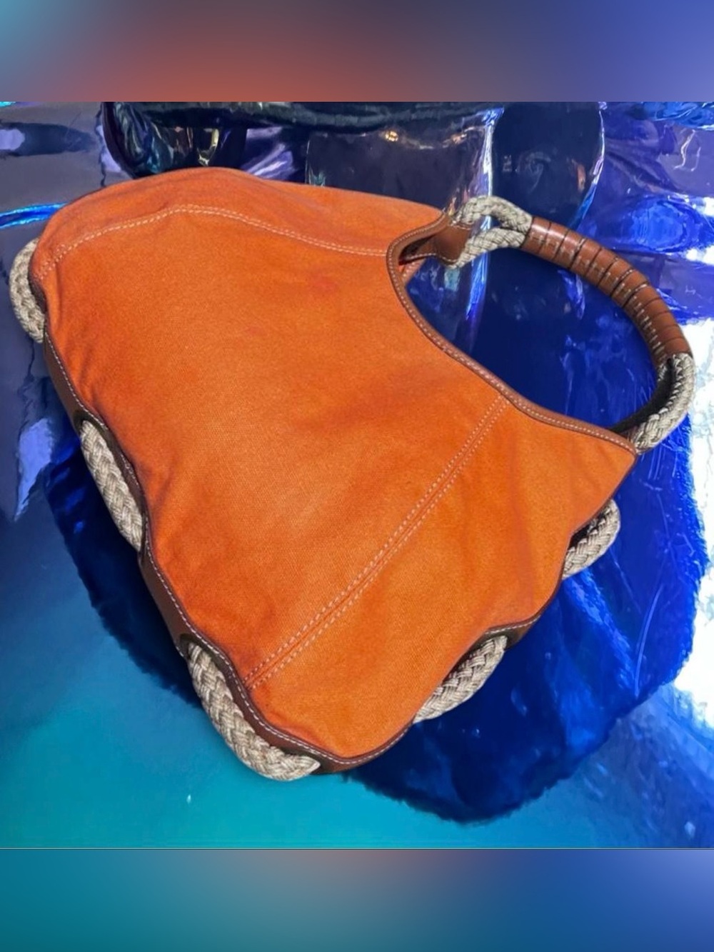 Y2K Cresant Orange Canvas with rope & leather trim purse